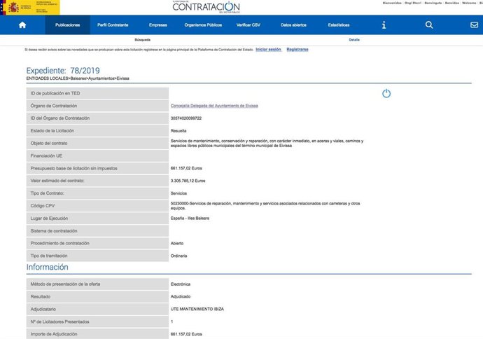 Imagen aportada por la Agrupación Socialista de Ibiza de la contratación de los servicios de esta UTE el 2019
