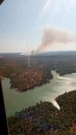 Imagen aérea del incendio declarado en el paraje de la Dehesa del Piorno en Lepe (Huelva).