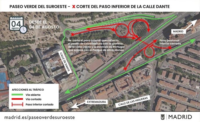 El paso inferior de Parque de Atracciones se cortará a la circulación desde este lunes por el soterramiento de la A-5