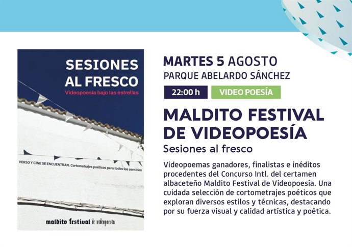 Cartel de las 'Sesiones al Fresco' del Maldito Festival de Videopoesía de Albacete.