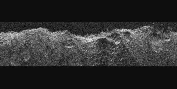 El instrumento de radar de Europa Clipper recibió ecos de sus señales de radar de muy alta frecuencia que rebotaron en Marte y se procesaron para generar este radargrama. Lo que parece una línea del horizonte es el contorno de la topografía bajo la nave.