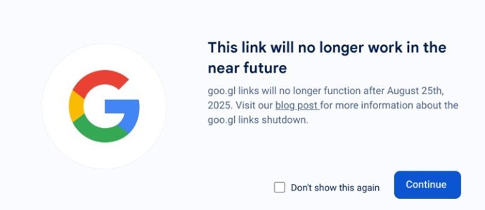 Aviso de página intersticial do Google para links goo.Gl