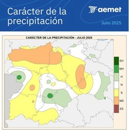 Mapa facilitado por la Aemet sobre el carácter de las precipitaciones registradas en CyL en el mes de julio