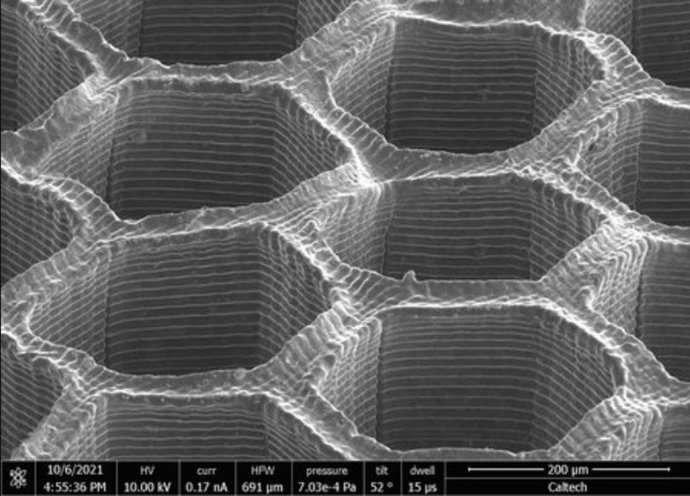 El paso final del HIAM elimina el oxígeno, dejando una aleación de cobre-níquel mayormente densa con la configuración deseada impresa en 3D. En este caso, se seleccionó una estructura de panal.