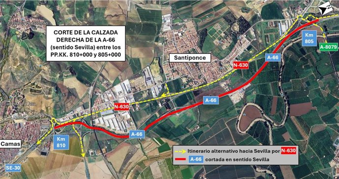 Comienzan este lunes los cortes nocturnos por las obras en la A-66 sentido Sevilla por Santiponce y Camas.