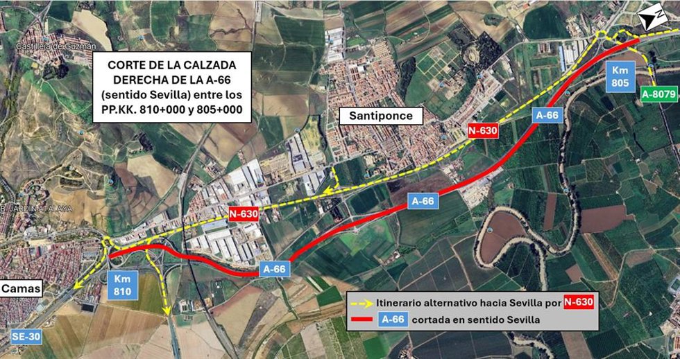 Comienzan este lunes los cortes nocturnos por las obras en la A-66 sentido Sevilla por Santiponce y Camas.