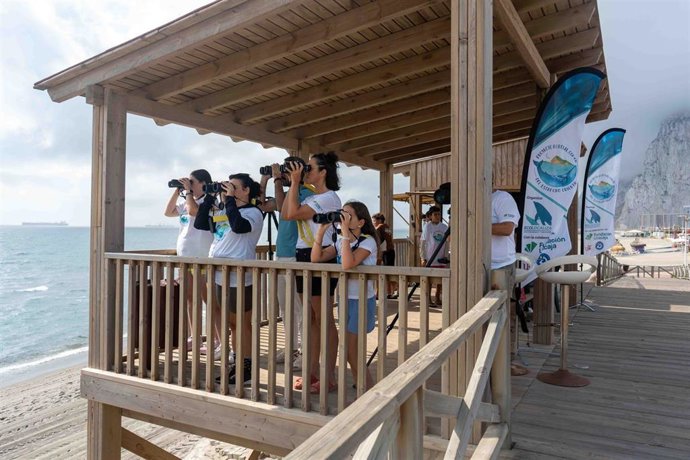 Un grupo de menores en una de las sesiones de observación de ballenas y cetáceos en la playa de Santa Bárbara en La Línea de la Concepción