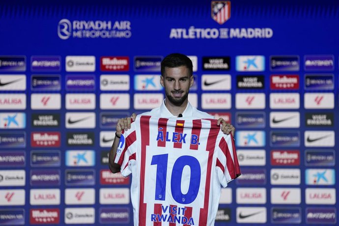 Alex Baena poses for photo with his T-Shirt #10 during the his presentation as new player of Atletico de Madrid celebrated at Riyadh Air Metropolitano stadium on July 28, 2025, in Madrid, Spain.