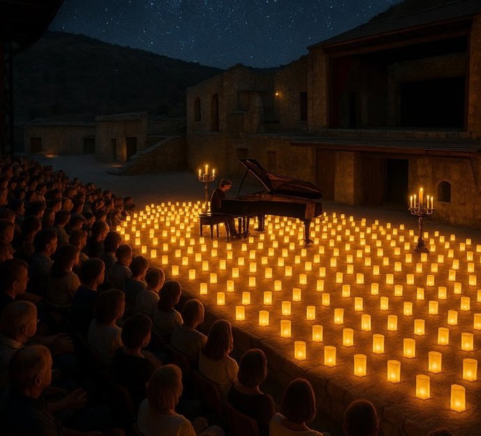 El pianista David Gómez durante una actuación a la luz de las velas.