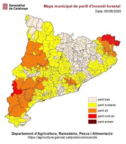 Mapa del risc d'incendi forestal a Catalunya aquest dimarts