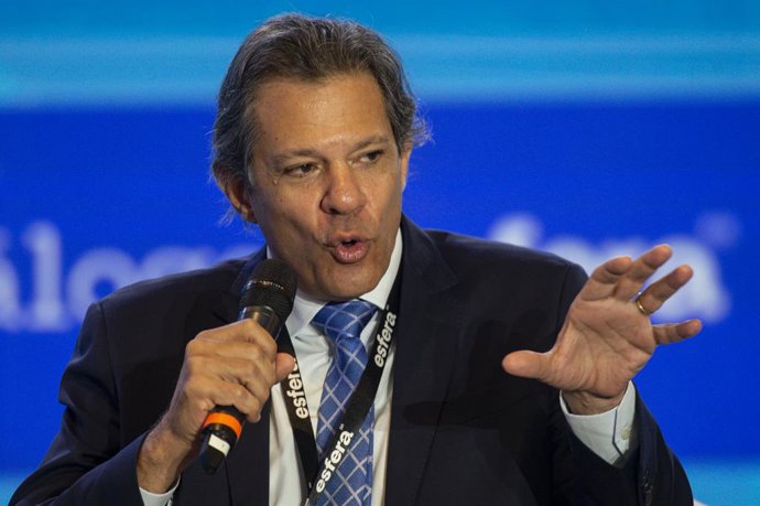 Archivo - 21 June 2023, Brazil, Brasilia: Brazilin Minister of Finance Fernando Haddad speaks during the Tax Reform Seminar "The Time is Now" at the headquarters of the National Confederation of Industry (CNI). Photo: Marcelo Camargo/Agencia Brazil/dpa