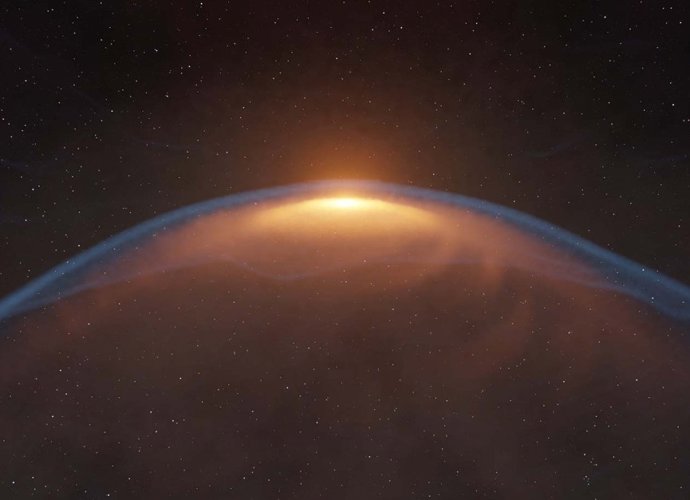 Impresión artística de un disco protoplanetario distorsionado por un frente de choque creado por una burbuja en expansión.