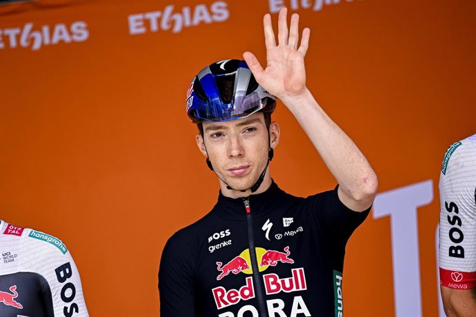 July 30, 2025, Bertrix, Belgium: BERTRIX, BELGIUM - JULY 30 : Adria Roger of Red Bull - BORA - Hansgrohe on stage before the start of the race during stage 5 of the 30th edition of Tour de Wallonie an UCI ProSeries 2.Pro cycling road race stage for Men El