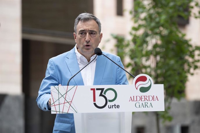 El presidente del EBB del PNV, Aitor Esteban, durante su intervención en la celebración del 130 aniversario de la fundación de EAJ-PNV, a 28 de julio de 2025, en Bilbao