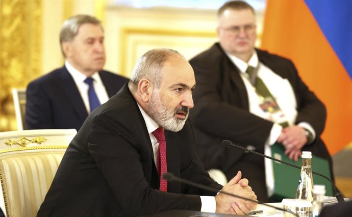 Archivo - May 8, 2024, Moscow, Moscow Oblast, Russia: Armenian Prime Minister Nikol Pashinian delivers remarks at the meeting of the Supreme Eurasian Economic Council, at the Grand Kremlin Palace, May 8, 2024 in Moscow, Russia.  The meeting coincides with
