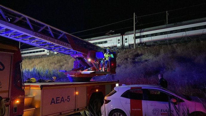 Los servicios de Protección Civil y la Policía Local de Sevilla se desplazó hasta la zona de la incidencia para evacuar a los pasajeros afectados por la avería en la catenaria.