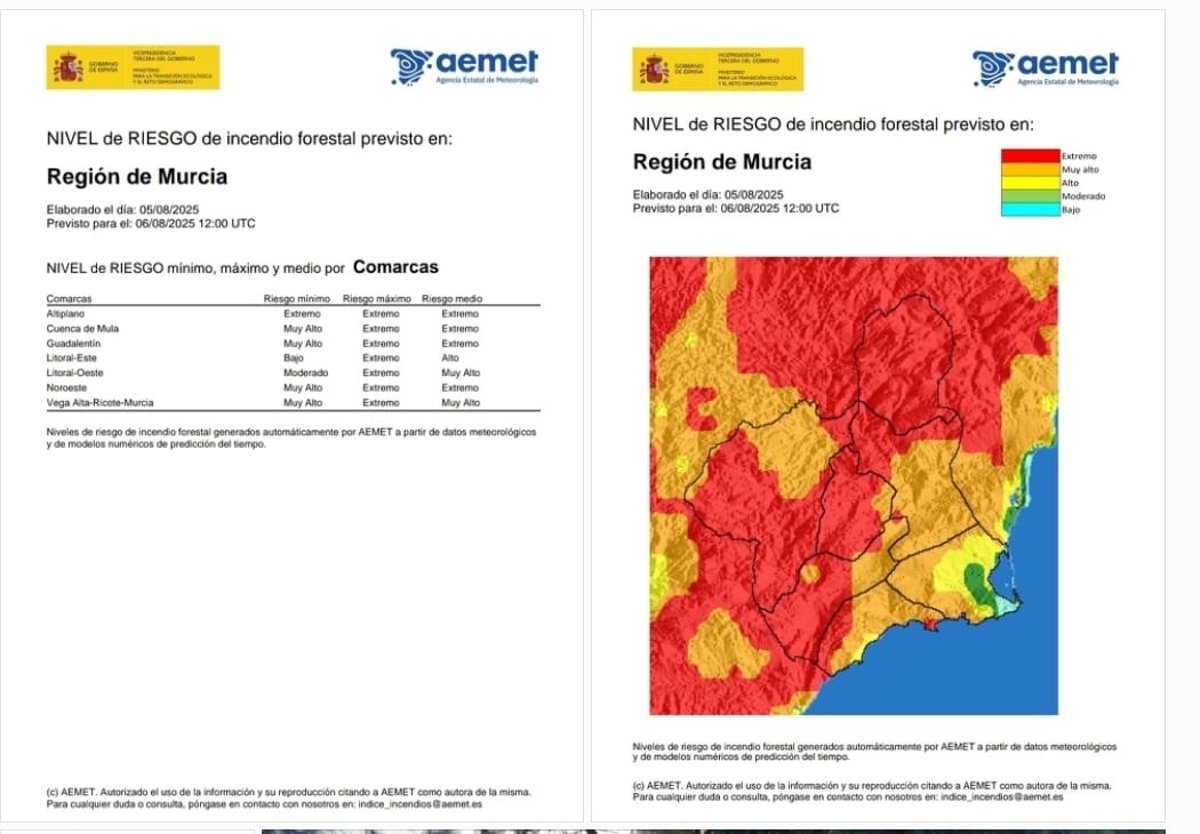 Nivel de riesgo de incendio forestal es extremo este miércoles en el Altiplano, Cuenca de Mula, Guadalentín y Noroeste