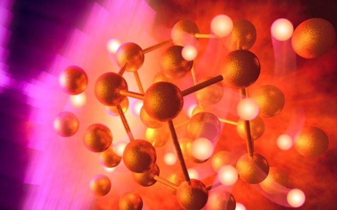 Ilustración de pulsos intensos de un láser de electrones libres de rayos X (izquierda) que calienta muestras comprimidas de hidrocarburos a condiciones extremas, lo que da como resultado la reacción del oro e hidrógeno para formar hidruro de oro (centro)