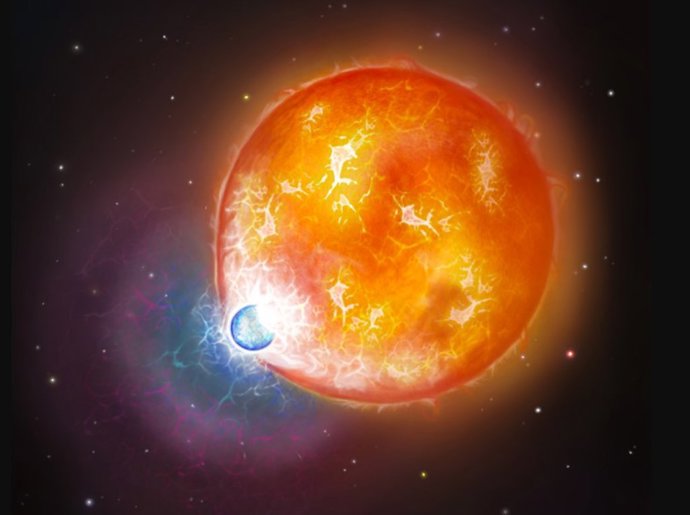 Ilustración que representa la fusión estelar caliente que formó la enana blanca ultramasiva -WD 0525+526.