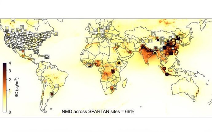 Distribuição global de carbono negro (BC) a partir de medições e simulações usando um inventário de emissões amplamente utilizado.