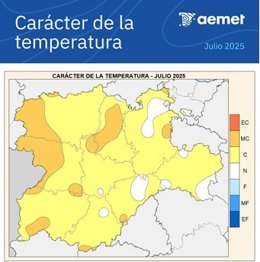 Mapa elaborado por la Aemet sobre el balance de las temperaturas del mes de julio en CyL