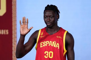 Eli John Ndiaye of Spain poses for the photo during the official presentation of the Spanish Men's Basketball National Team for Eurobasket at Endesa Headquarters on July 29, 2025, in Madrid, Spain.