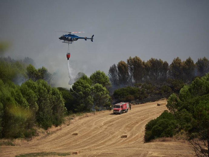 Varios servicios de emergencia tratan de extinguir el fuego, a 5 de agosto de 2025, en Enériz, Navarra (España). El Gobierno foral ha activado este martes, la situación operativa 2 del Plan Especial de Protección Civil de Emergencia por incendios forestal