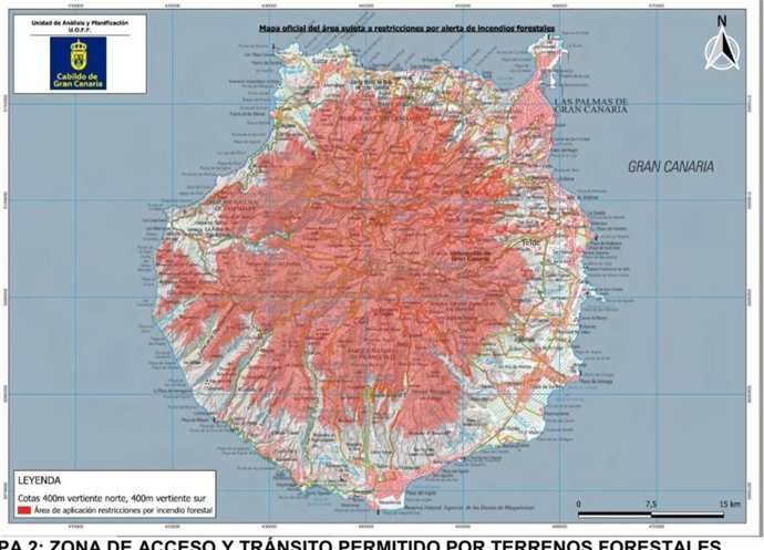 Mapa de las zonas de Gran Canaria que están por encima de 400 metros, por lo que se encuentran en Alerta por Riesgo de Incendios Forestales