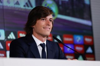 Alvaro Carreras attends the press conference during his presentation as new player of Real Madrid at Ciudad Deportiva Real Madrid on July 15, 2025, in Valdebebas, Madrid, Spain.