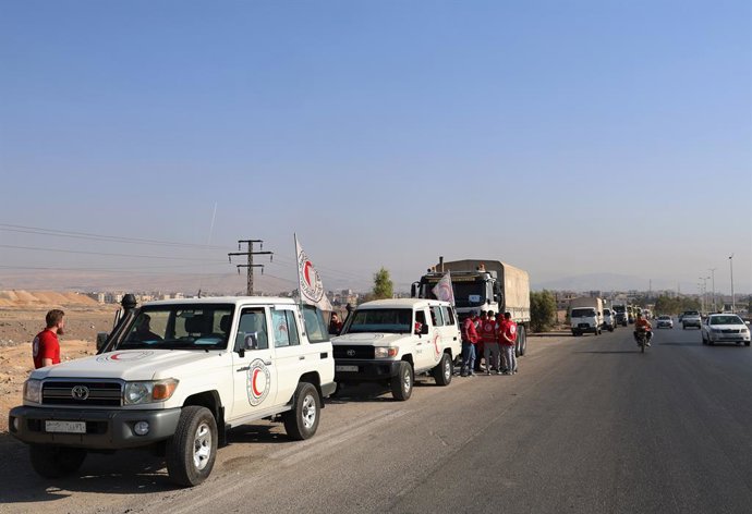 SWEIDA, July 29, 2025  -- A humanitarian aid convoy is seen reaching the southern Syrian province of Sweida on July 29, 2025.   The Syrian interim authorities, in coordination with international organizations and local community partners, dispatched a fou
