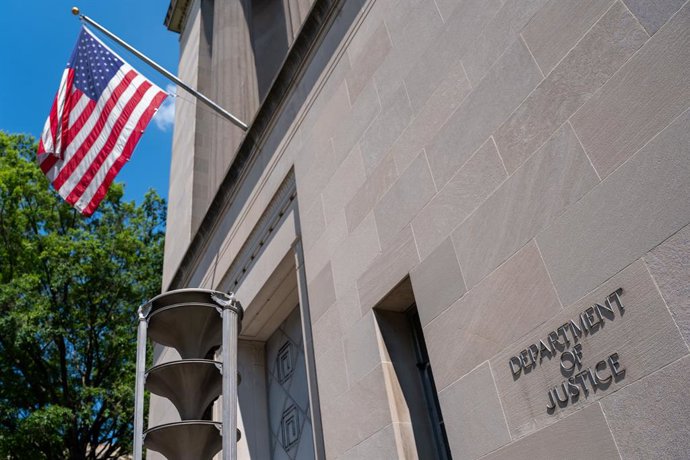 July 8, 2025, Washington, United States: A sign for the Department of Justice is seen in Washington.