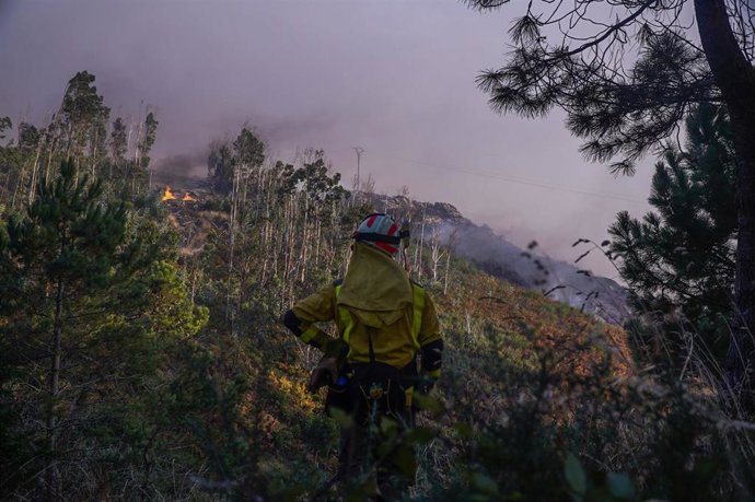 Un bombero observa el fuego, a 5 de agosto de 2025, en Ponteceso, A Coruña, Galicia (España).
