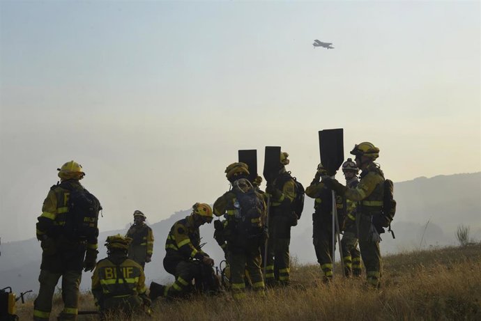 Bomberos trabajan para extinguir el incendio, a 2 de agosto de 2025, en Vilardevós, Ourense, Galicia (España).