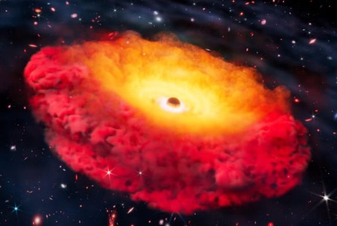 Representación artística de CAPERS-LRD-z9, hogar del agujero negro más antiguo confirmado.