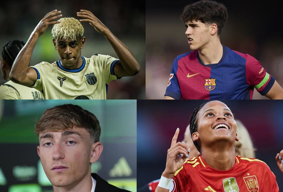 De arriba abajo y de izquierda a derecha; Lamine Yamal, Pau Cubarsí, Dean Huijsen y Vicky López, nominados españoles al premio Kopa del Balón de Oro