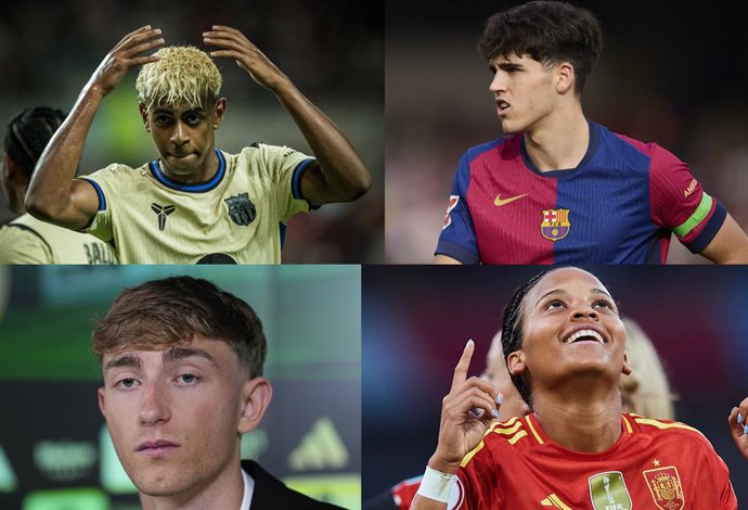 De cima para baixo e da esquerda para a direita: Lamine Yamal, Pau Cubarsí, Dean Huijsen e Vicky López, indicados espanhóis ao prêmio Ballon d'Or Kopa.