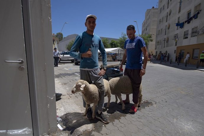 Archivo - Dos hombres con dos corderos durante el Eid al-Adha, la Pascua del Cordero, a 17 de junio de 2024, en Ceuta (España). A primera hora de hoy, la explanada de Loma Margarita ha acogido un año más, como lleva haciendo desde la recuperación de la tr