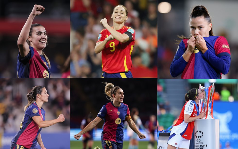 Nominadas españolas al Balón de Oro femenino 2025. De arriba abajo y de izquierda a derecha: Patri Guijarro, Esther González, Cludia Pina, Aitana Bonmatí, Alexia Putellas y Mariona Caldentey