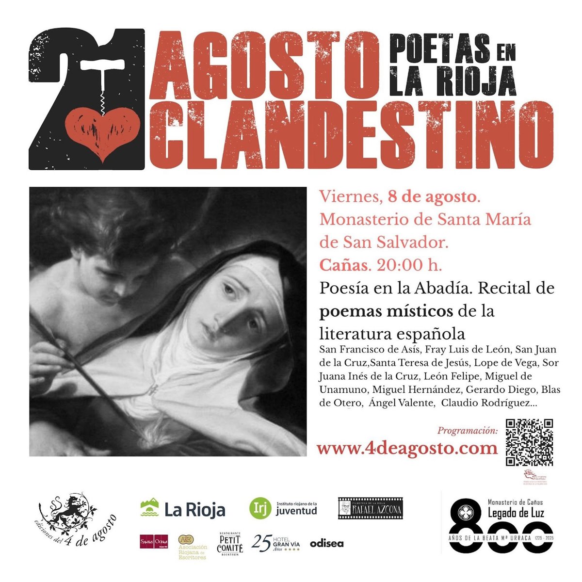 El Monasterio de Cañas organiza este viernes un recital de poesía dentro de Agosto Clandestino