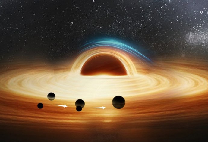 Fusión de agujeros negros binarios cerca de un agujero negro supermasivo.