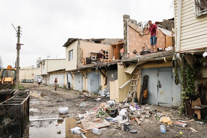 03 August 2025, Russia, Krasnodar: A view of damaged structures in a garage community after a drone strike by the Armed Forces of Ukraine. Photo: Dmitry Feoktistov/TASS via ZUMA Press/dpa