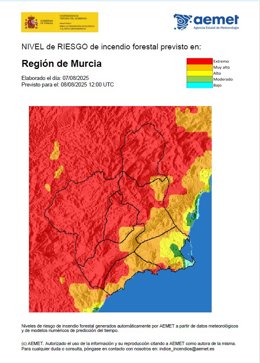 Mapa que muestra el nivel medio de riesgo de incendio forestal este viernes, 8 de agosto de 2025, enla Región de Murcia