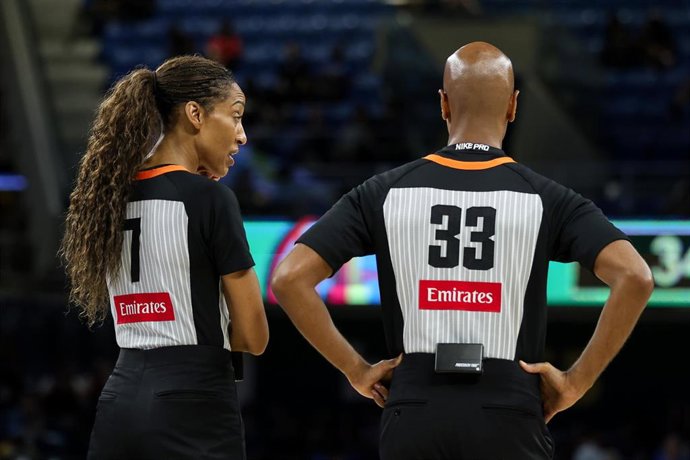 WNBA referees are seen during the game between the Chicago Sky and Atlanta Dream on Thursday August 7, 2025 at Wintrust Arena, Chicago