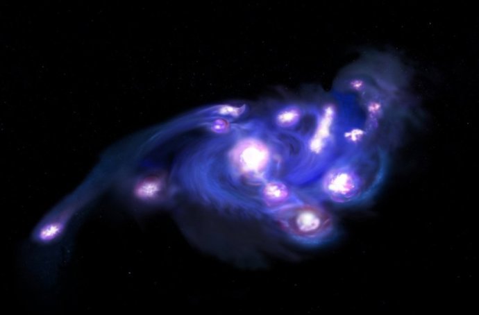 Impresión artística de la galaxia de las “Uvas Cósmicas”, compuesta por al menos 15 grupos masivos de formación estelar, más de lo que los modelos teóricos actuales predicen que podrían existir dentro de un único disco giratorio en esta época temprana.