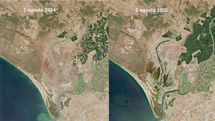 Comparativa de dos imágenes del satélite Sentinel-2 L2A del programa Copernicus del 3 de agosto pero con un año de diferencia.
