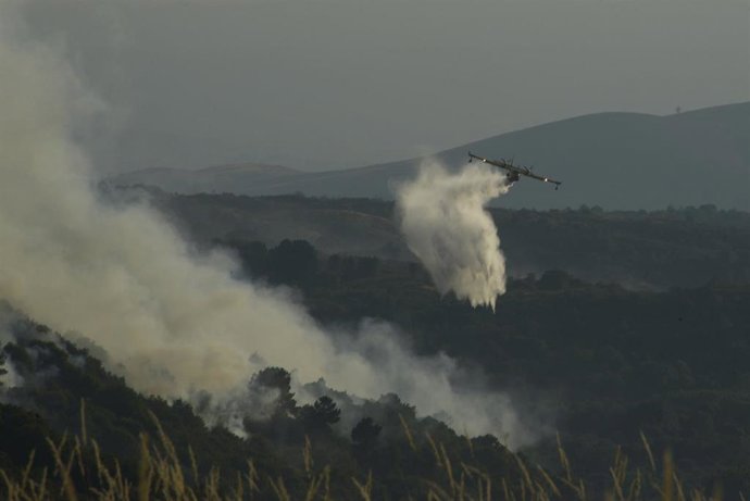 Un avión tira gaua sobre el fuego para extinguir el incendio, a 2 de agosto de 2025, en Vilardevós, Ourense, Galicia (España). El incendio declarado este sábado, 2 de agosto, en el municipio ourensano de Vilardevós continúa activo y ha calcinado ya 570 he