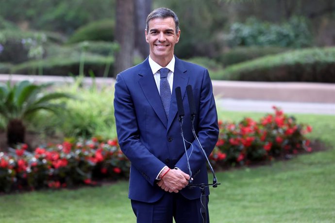 El presidente del Gobierno, Pedro Sánchez, ofrece una rueda de prensa, tras un despacho con El Rey Felipe VI, en el ?Palacio de Marivent, a 29 de julio de 2025, en Palma de Mallorca, Islas Baleares (España).