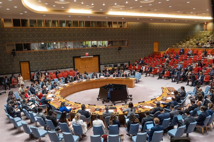 23 de julho de 2025, EUA, Nova York: Uma visão geral da reunião do Conselho de Segurança da ONU sobre a situação no Oriente Médio, incluindo a questão palestina, na sede das Nações Unidas em Nova York. Foto: Lev Radin/ZUMA Press Wire/dpa