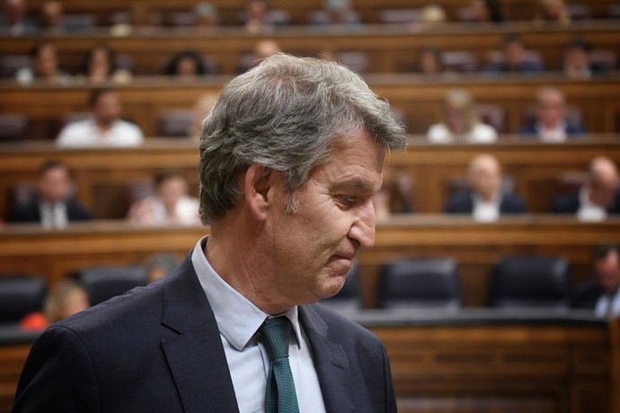 El presidente del PP, Alberto Núñez Feijóo, durante una sesión plenaria extraordinaria, en el Congreso de los Diputados, a 22 de julio de 2025, en Madrid (España). El Congreso cierra este martes, 22 de julio, el curso parlamentario debatiendo en un Pleno 