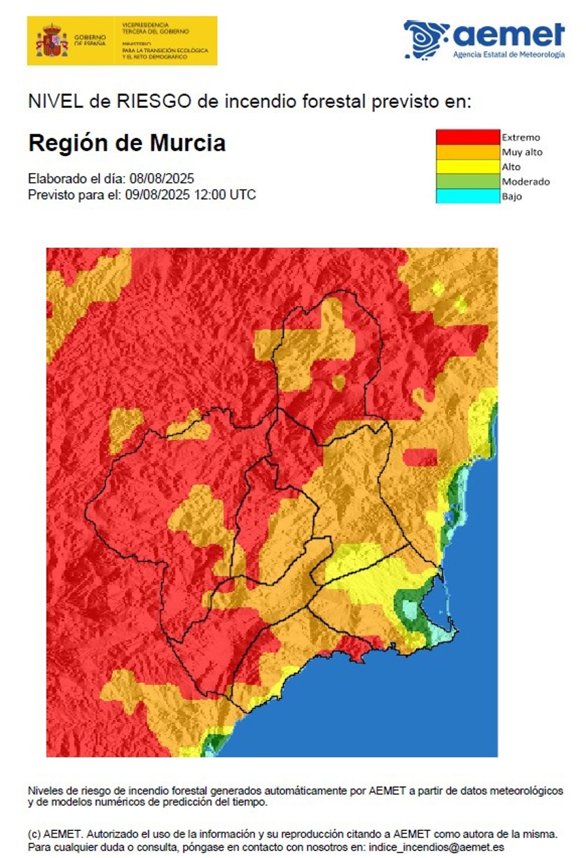 El nivel de riesgo de incendio forestal para este sábado es extremo y muy alto en casi toda la Región